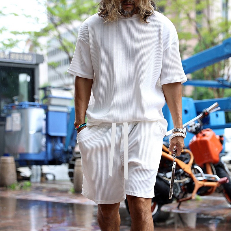 European summer men's wear vertical striped loose suit, short sleeves and shorts, vacation, casual, cool and sporty set Specification image