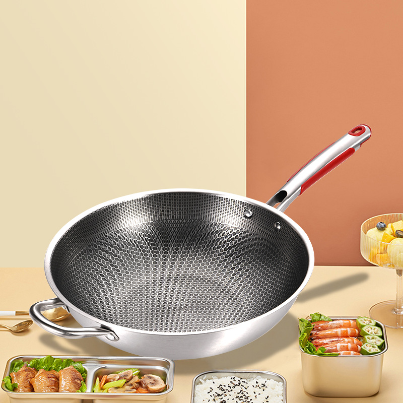 全屏蜂窝悬浮不锈钢炒锅炒菜锅不沾锅三层钢无涂层一件代发不锈钢炒锅