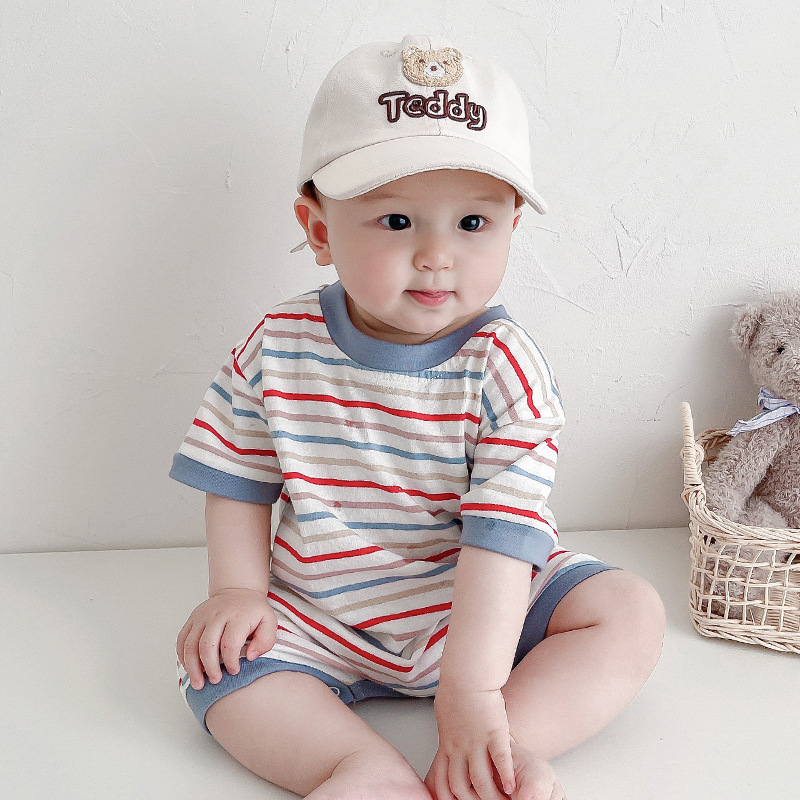 Baby Summer Men's Baby Onesie Short Sleeve Net Red Ins Baby Crawling Clothes Loose Stripe Clothing Wholesale