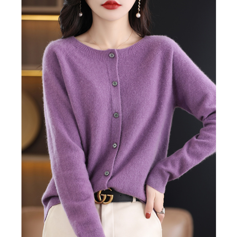First-line ready-to-wear wool sweater women's round-neck knitted sweater 100% wool cardigan 2023 stylish loose wool sweater coat Specification image