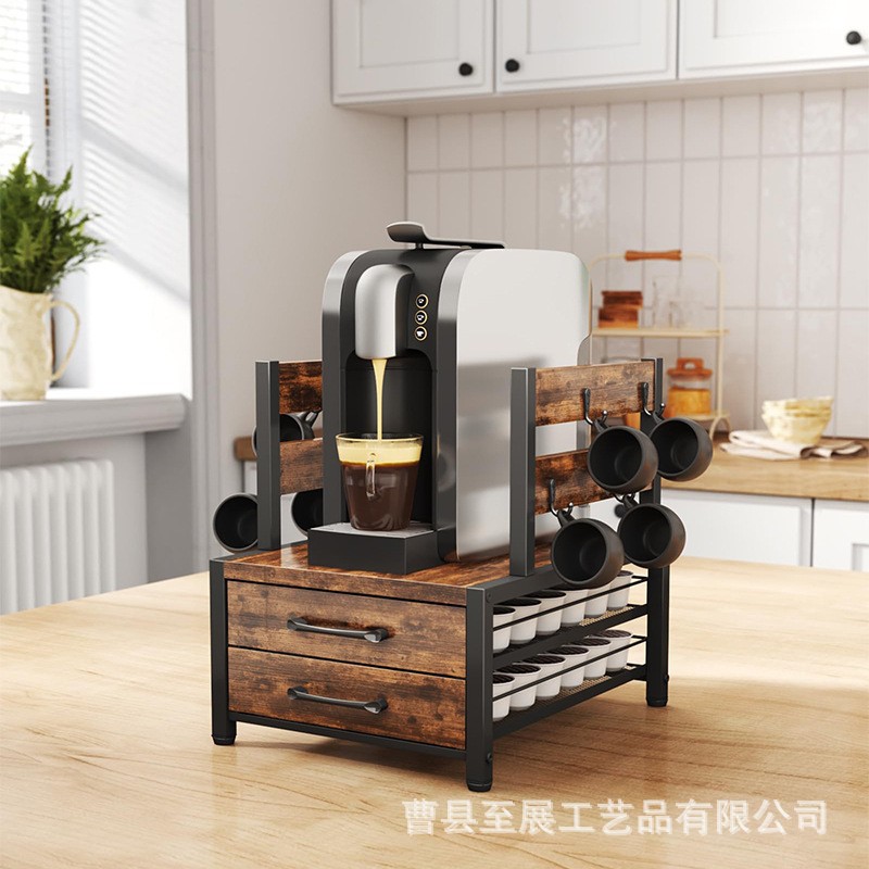 Hierro y madera combinados con café extraíble cápsula rack de almacenamiento con ganchos laterales tazas home coffee maker rack