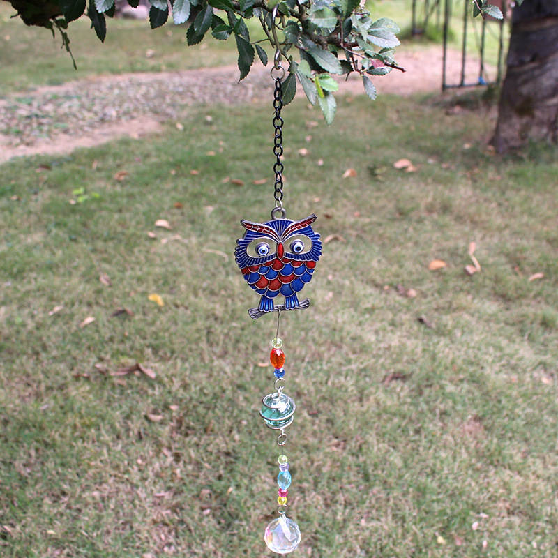 Crystal Wind Chimes Hanging Door Ornaments Creative Metal Owl Pendant Garden Patio Crystal Ball Decorative Gift Cross-Border details Picture