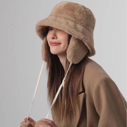 品牌【森多娜】2025新款冬季韩版加厚渔夫帽子女秋冬季显脸小保暖防风亲肤仿兔毛绒可拆卸护耳盆帽时尚百搭帽子高品质氛围感