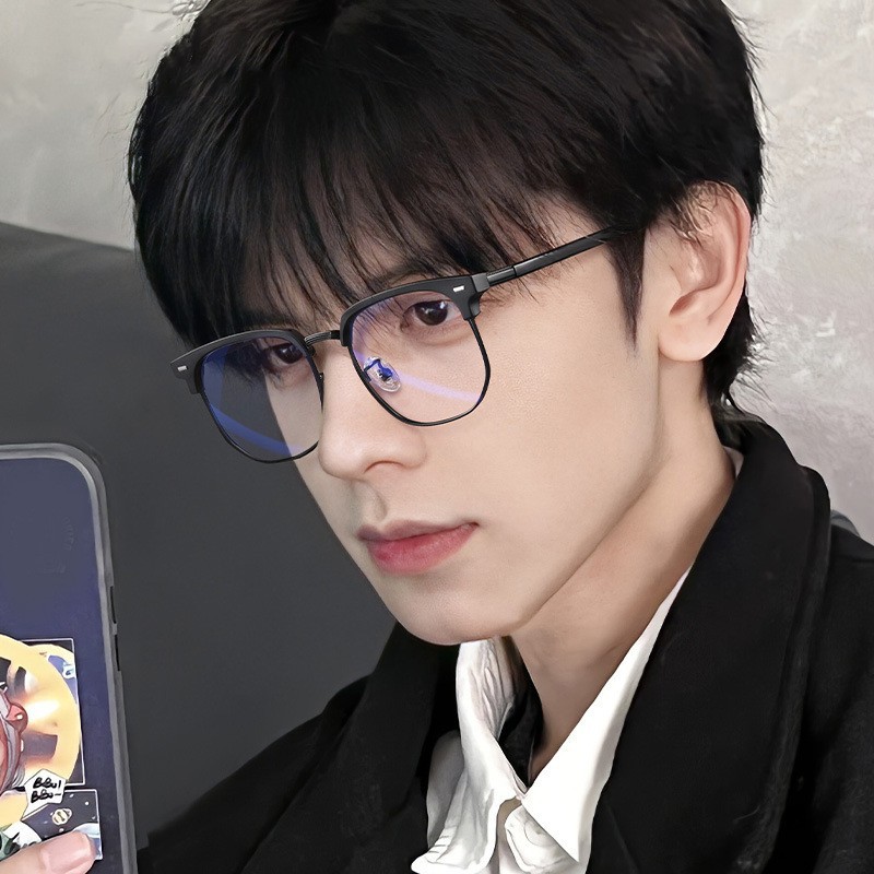 素颜显瘦神器平光镜护目防蓝光眼镜女眉毛眼镜框架黑银框近视眼镜