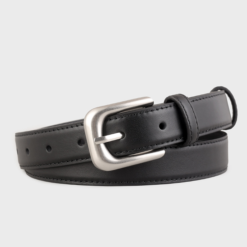 Top layer cowhide leather belt for women's commuting, silver pin buckle decoration with denim belt in stock for wholesale, 2025 new style