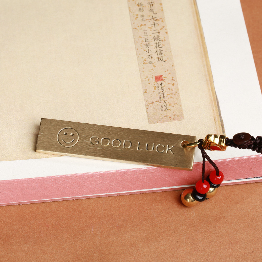 Solid copper double-scale caliper pendant, retro brass GOODLUCK keychain, small decorative item, zodiac year details Picture