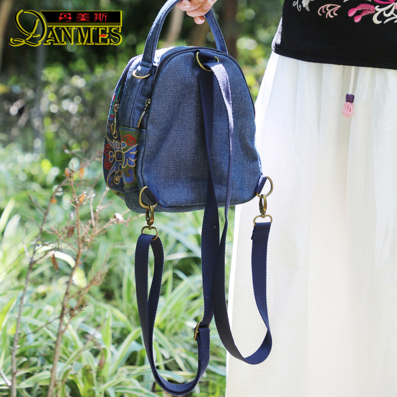 New ethnic-style embroidered backpack, retro Chinese trend style double-zipper dual-shoulder and single-shoulder dual-purpose bag, ladies' casual bag details Picture