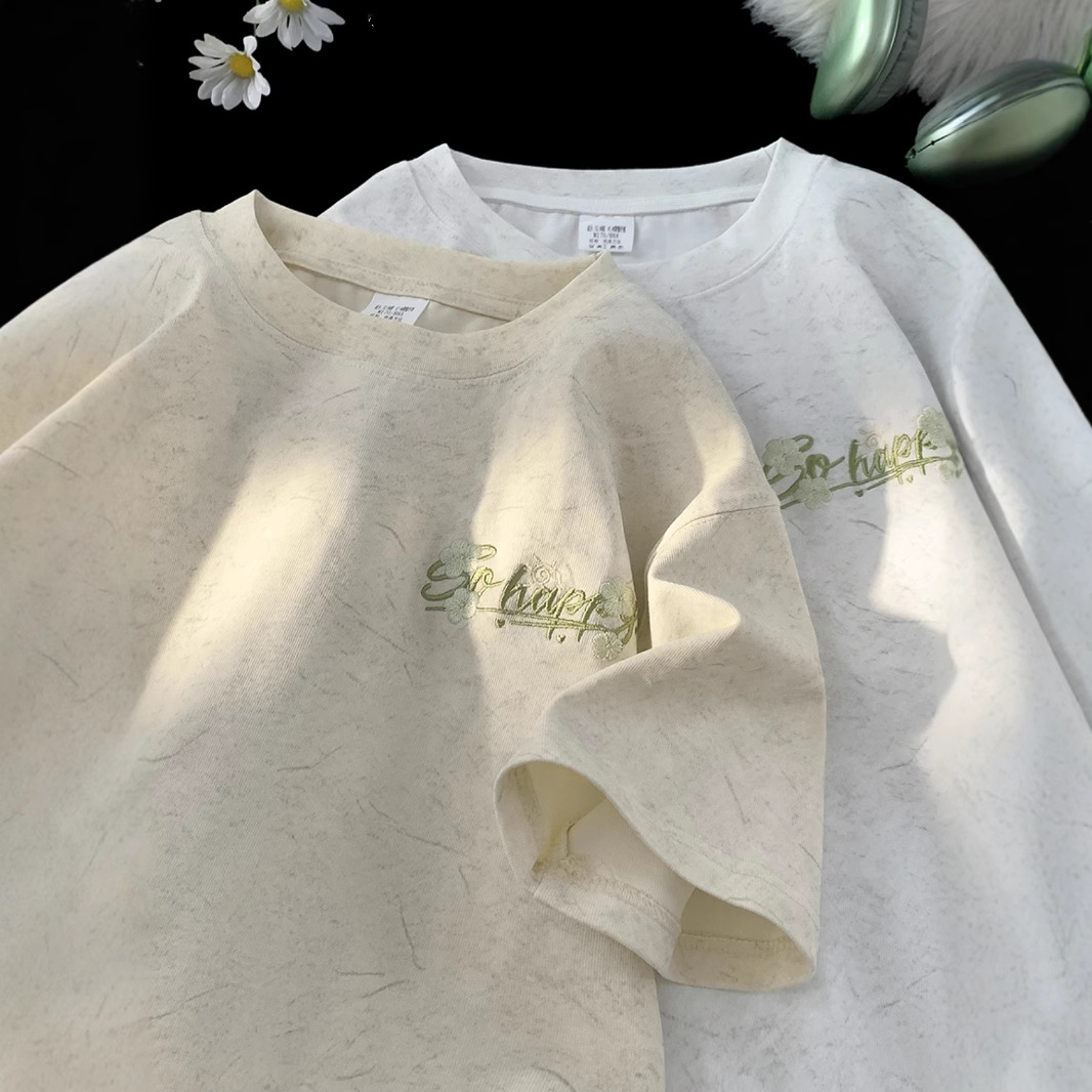 240G重磅砂洗宽松圆领短袖T恤 男生夏季潮牌刺绣冰丝半袖体恤