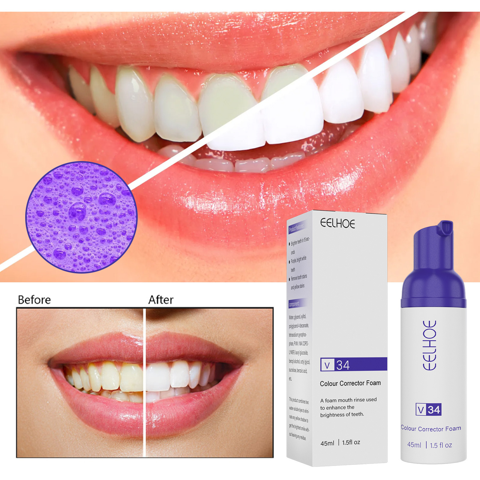 Eelheo V34 Foaming Whitening Toothpaste Cleans Tartar Black And Yellow Stains Stains Stains Fresh Breath And Whitens Teeth Specification drawing