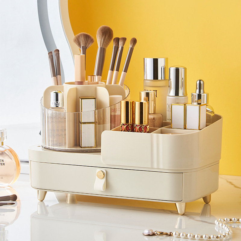 G26 Cosmetics Storage box, rotating integrated desktop, compartmentalized drawer box, dressing table, lipstick, makeup brush, organization and storage rack