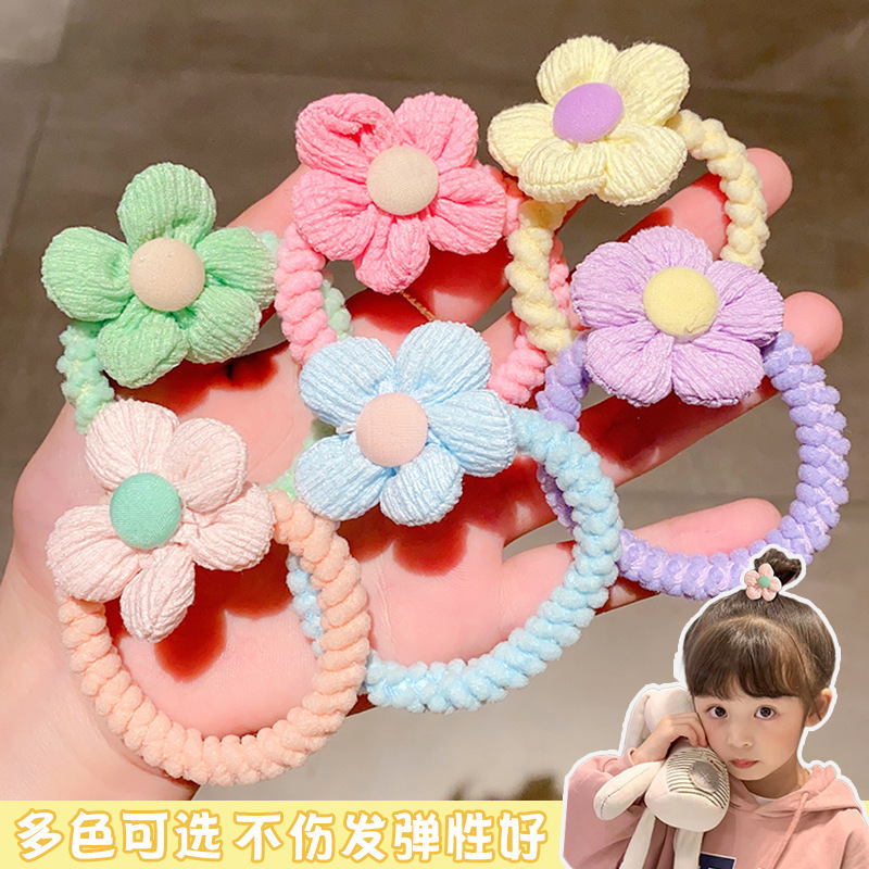 Korean Version Of Color Contrast Flowers Thick Head Rope Girl Hair Ponytail Hair Band 2023 New Children's Leather Band Flower Headwear Specification drawing