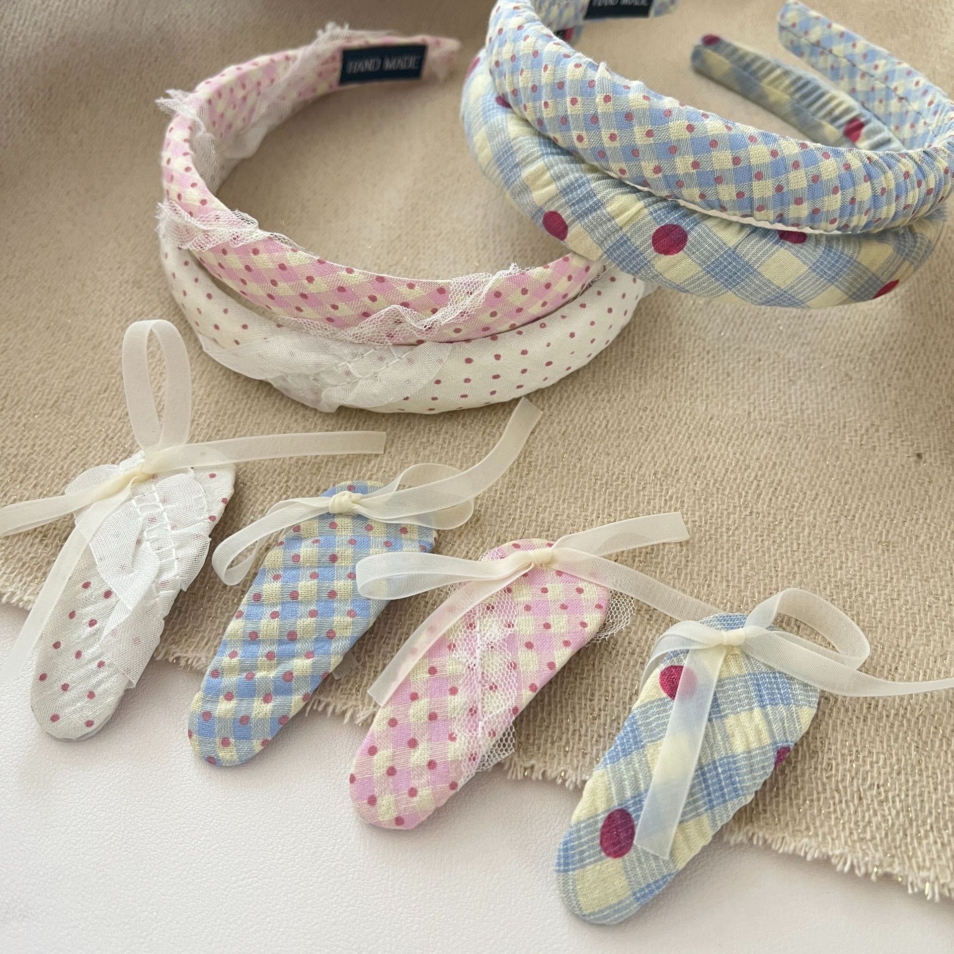 Sweet and forest-style girl's hair band, dopamine mesh, bow, fabric hair clip, versatile polka dot bangs clip for girls details Picture