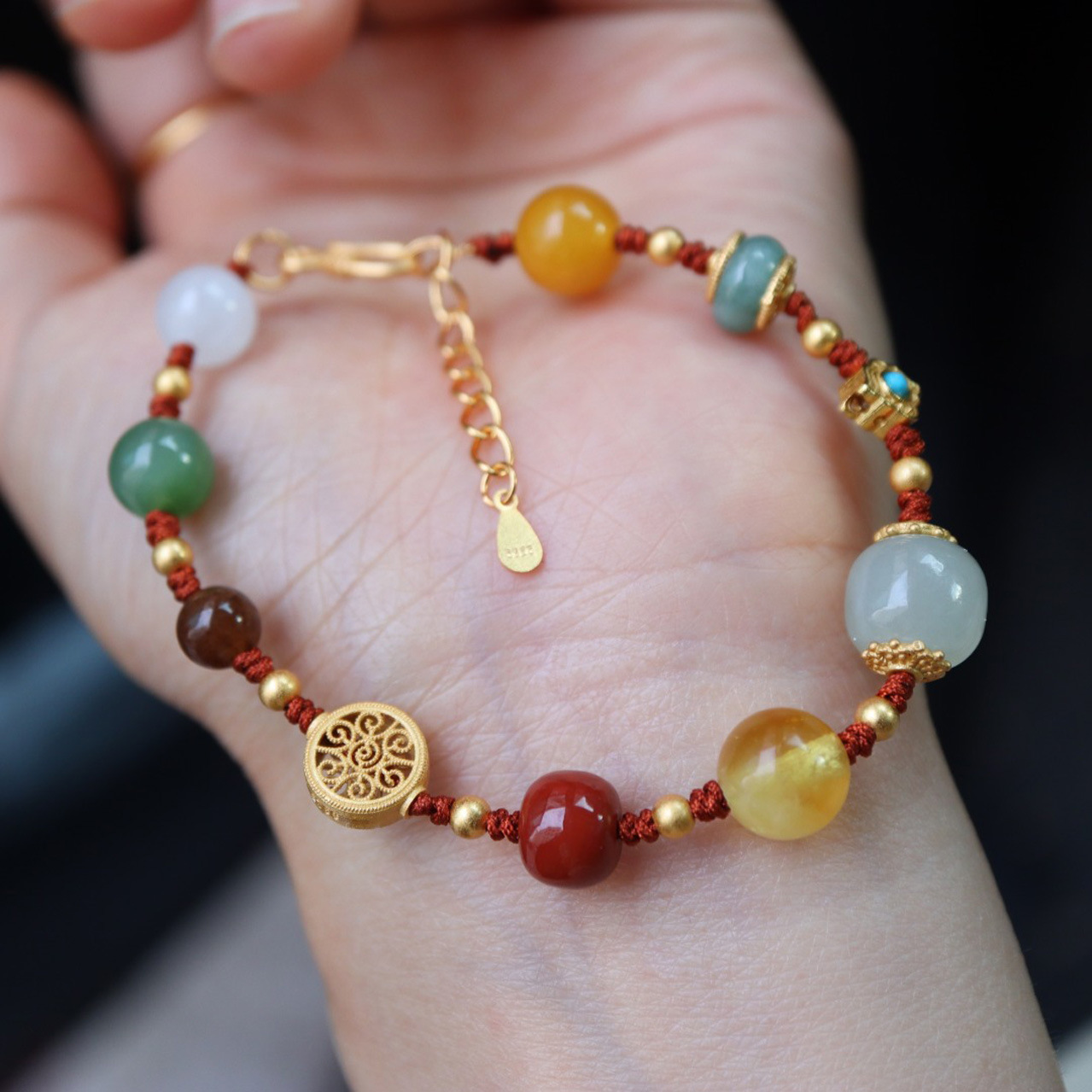 Ethnic bracelet for women, Hetian jade, green jade, jadeite, amber, Nanhong agate bracelet for women, perfect in every way, hand-woven rope details Picture