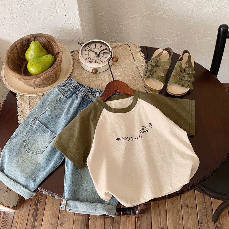 Boys' short-sleeved T-shirt, children's summer collection 2024 new style, cool half-sleeved, spring and autumn short-sleeved base, children's color combination Specification image