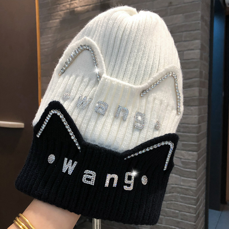 South Korea's New Network Red Wang Letter Rhinestone Woolen Hat Travel All Over The Head Hat Warm Ear Protection Knitted Hat