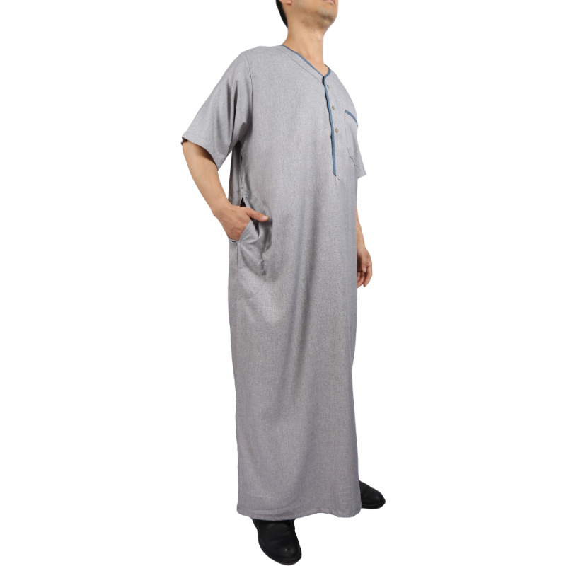Yiwu Arab factory men's robes explosive Moroccan men V collar short sleeve cotton and linen robe factory wholesale Item Picture