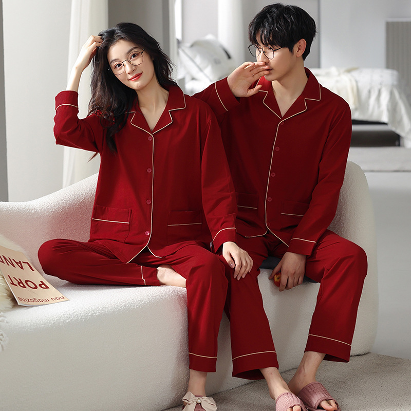 红色睡衣结婚春季情侣家居服开衫男士居家服套装纯棉高档女士睡袍