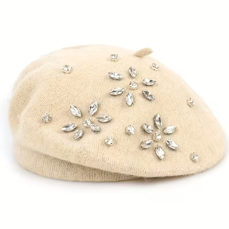 秋冬镶钻羊毛贝雷帽女韩版保暖时尚八角帽英伦复古韩版画家帽潮详情17
