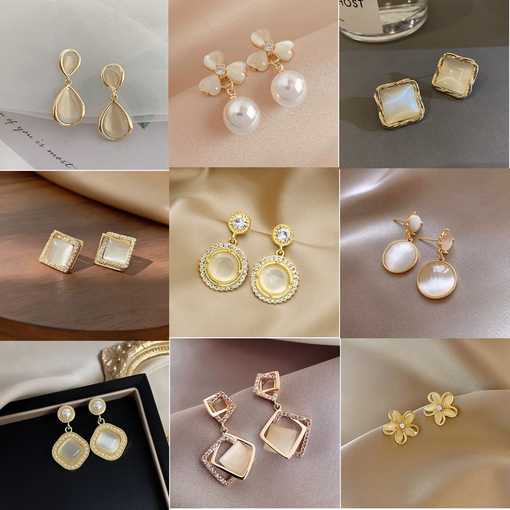 s925银针猫眼石耳钉女气质几何爱心高级感耳环ins风韩国耳饰合集