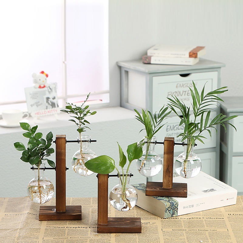 简约创意玻璃瓶花瓶木架水培绿萝植物透明桌面摆件装饰品
