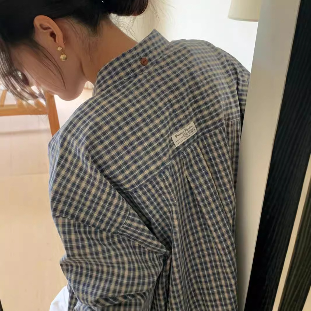 【返单】2025年春季新品韩国东大门复古格纹宽松长袖衬衫BL12653