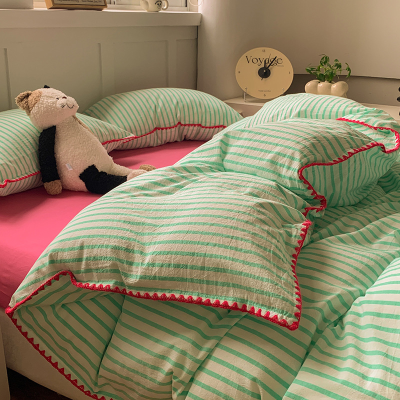 简约全棉床上四件套春季100纯棉水洗棉ins床单床笠被套三件套床品