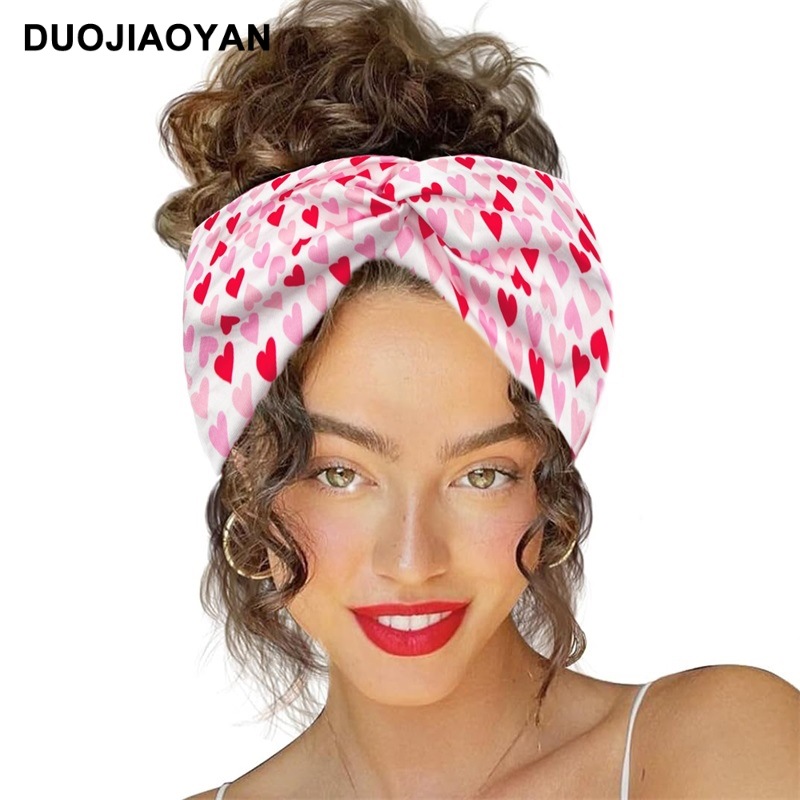 Amazon's new Valentine's Day hair band, heart-shaped elastic cross-tie hair band, printed knot sports headband wholesale for women Application Scenario