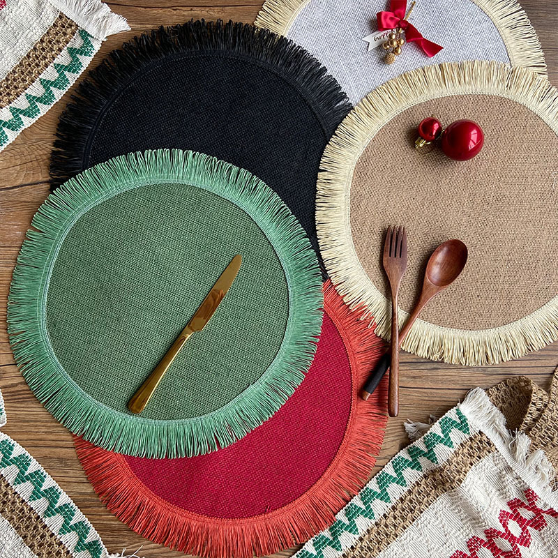 圣诞风黄麻餐垫北欧ins编织杯垫拍摄道具玄关花瓶垫子流苏隔热垫