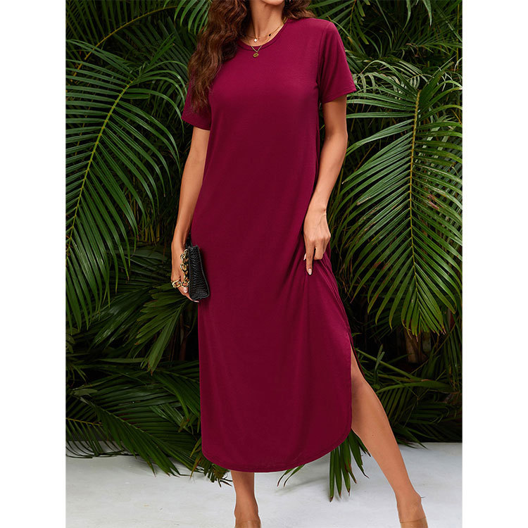 Amazon Independent Store Loose Long Dress For European And American Women, Foreign Trade Pocket Slit Casual Round-Neck Short-Sleeved Dress For Women Item Picture