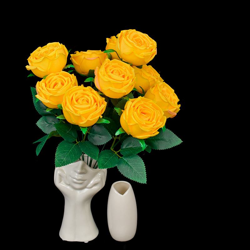 10 Head Rolled Edge Rose Silk Flower Simulation Flower Home Tabletop Decoration Flower Table Decoration Wholesale Specification drawing