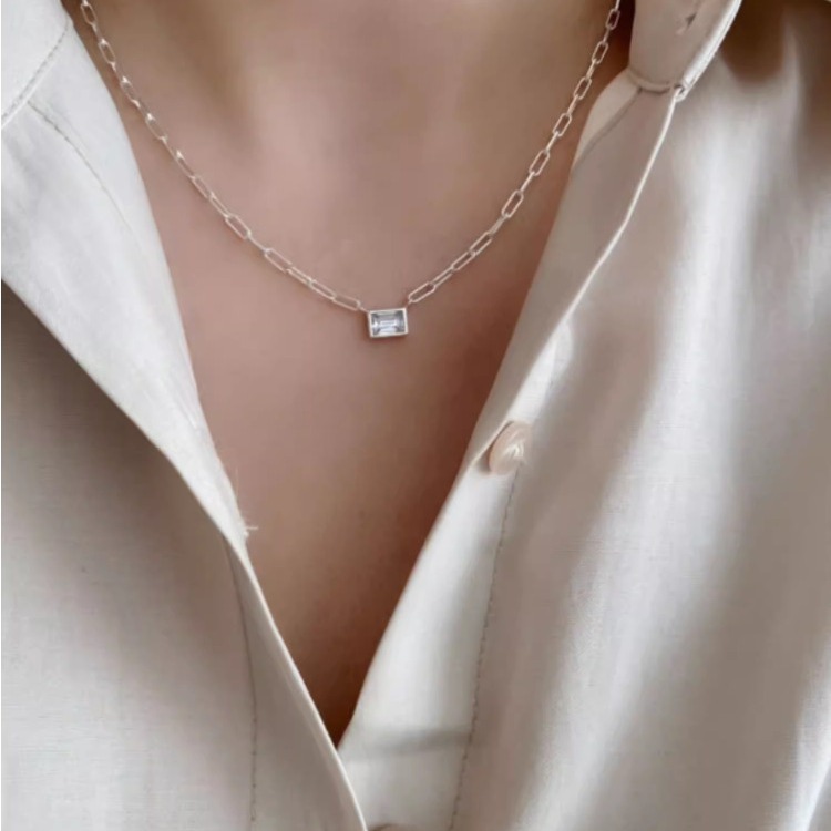 925通体纯银小众设计法式锁链小方钻项链女ins冷淡风极简锁骨链潮