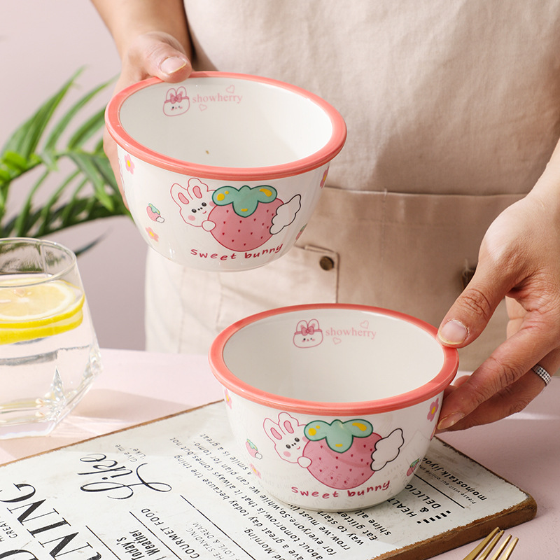 Fresa cute conejo rosa moe cerámica 4.7 "arroz arroz bowl bowl ensalada bowl vajilla estilo chino underglazed color