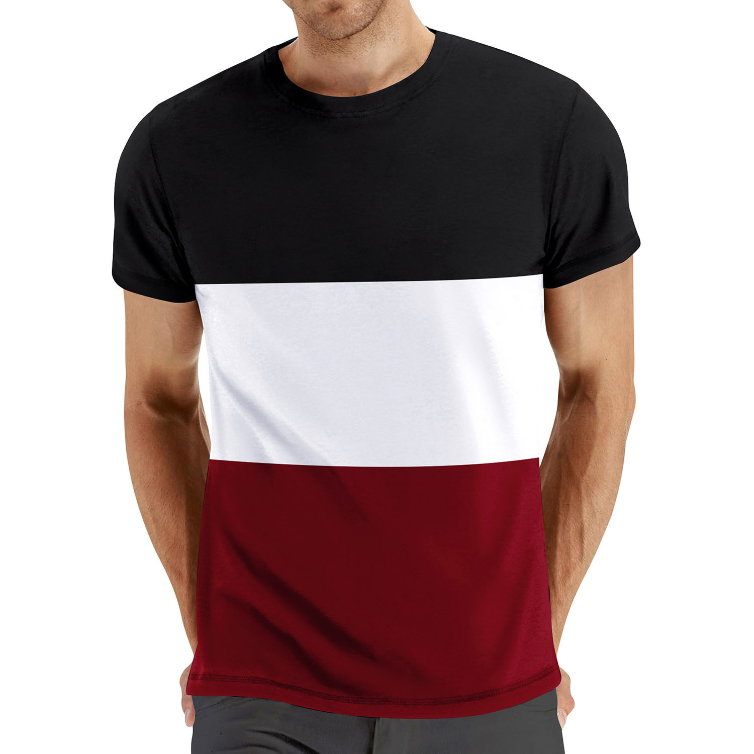 Amazon summer plus-size casual round-neck short-sleeved men's top, cross-border color-blocked men's fashionable fitness and sports T-shirt Application Scenario