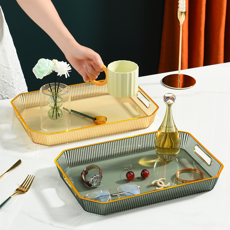 Nordic light luxury tray, household tea cups, water cups, tea tray, living room coffee table, transparent golden edge tray, rectangular dinner plate