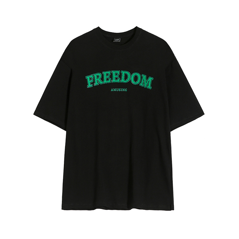 MYQ stylish letter-printed T-shirt for men, summer loose pure cotton short-sleeved, Korean style, trendy and high-end, round-neck half-sleeved Item Picture