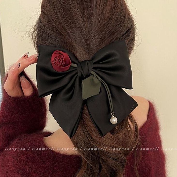 Temperament Rose bow hair accessories satin premium hair clip female back head spring clip headwear 2023 new
