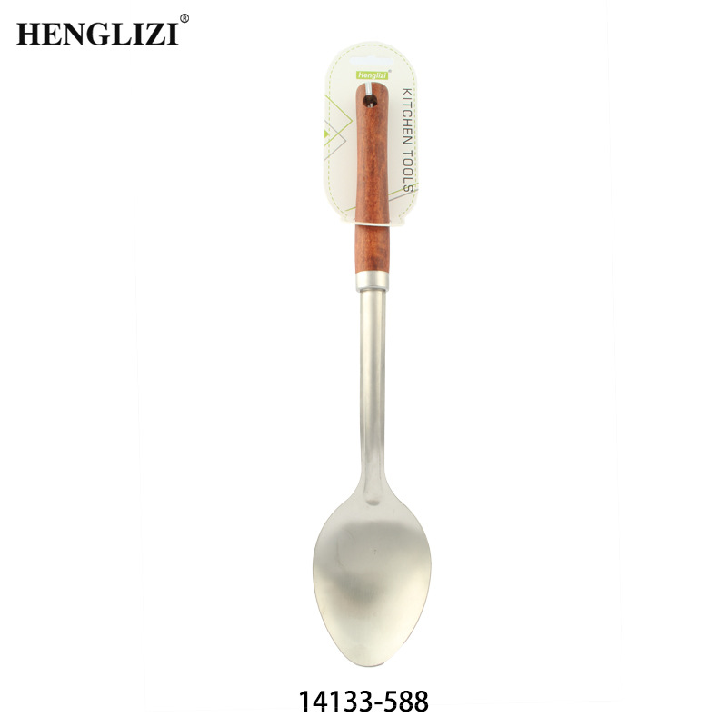 Cross-border household stainless steel spatulas, soup spoons, frying spatulas, strainers, non-stick pans, small waist, wood-grain handles, kitchenware Specification image