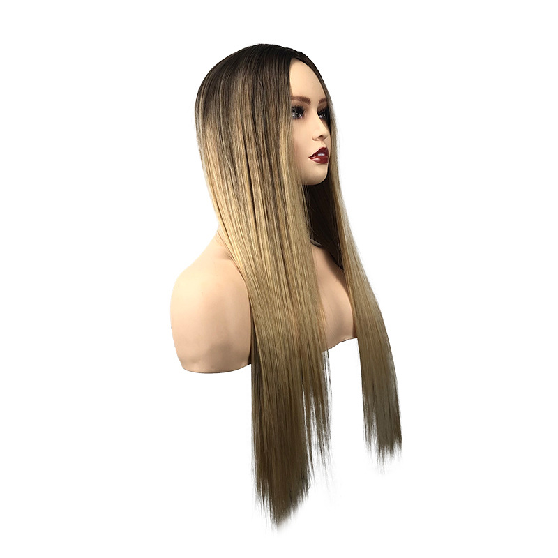 Aliexpress Foreign Trade European and American new blonde blonde matte silk gradient gold long straight hair rose net wig cover details Picture