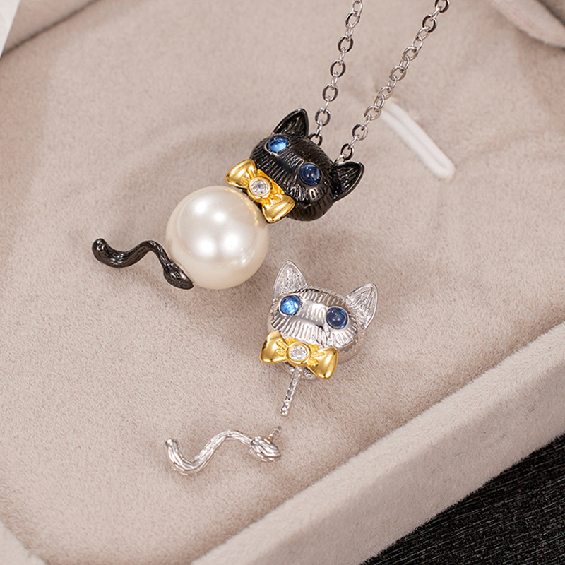 S925 sterling silver Little Cat pendant, a niche design for women with a sense of high-end color contrast pendant, DIY accessory, silver empty stand details Picture