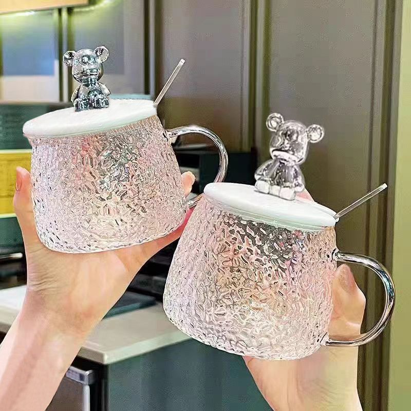 创意ins玻璃马克杯小熊水杯带把手家用带盖早餐杯子网红福利礼品