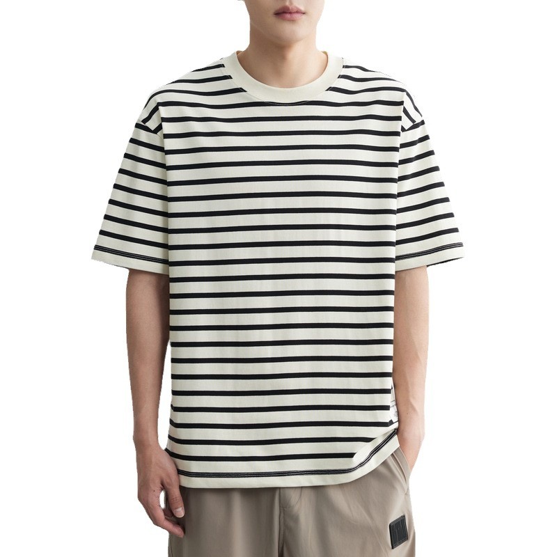 WOOG2005 Round-neck striped short-sleeved T-shirt for men, 2024 Summer New Trendy slightly Loose half-sleeved Sea Soul Body T-shirt Item Picture