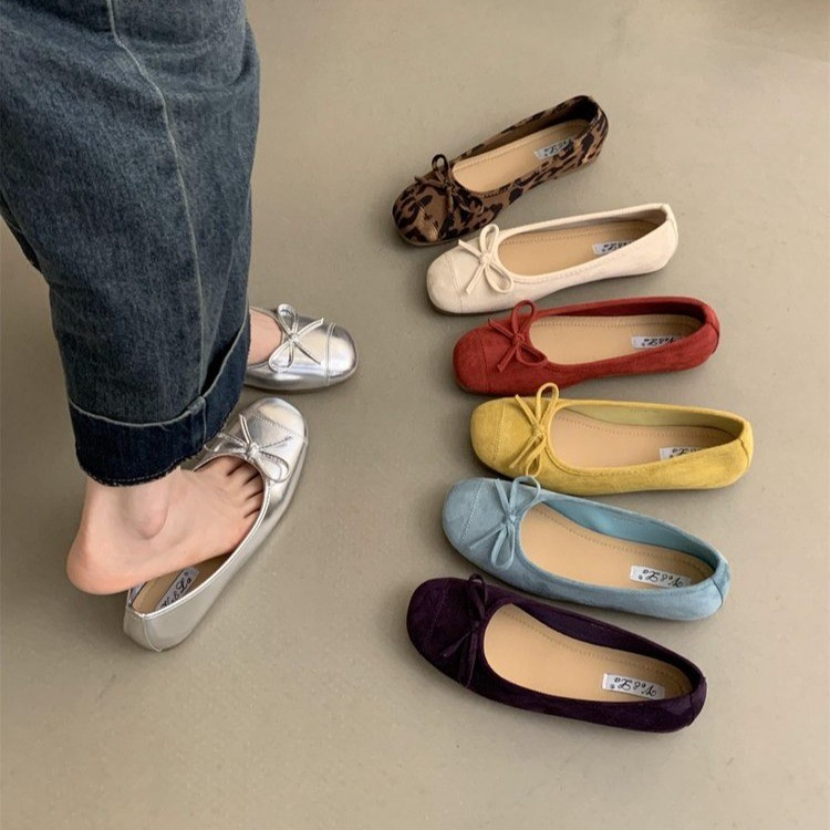 法式复古软底单鞋银色女鞋子秋季瓢鞋晚风蝴蝶结红色平底鞋芭蕾鞋