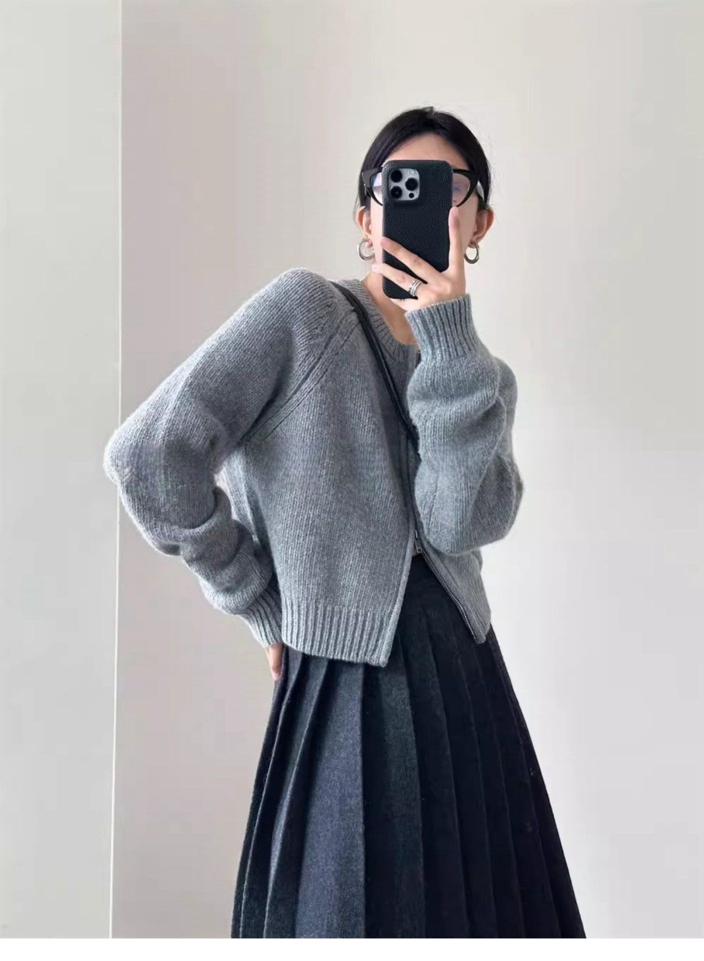 重磅加厚100纯羊毛开衫女秋冬圆领减龄毛衣百搭拉链针织打底外套详情7