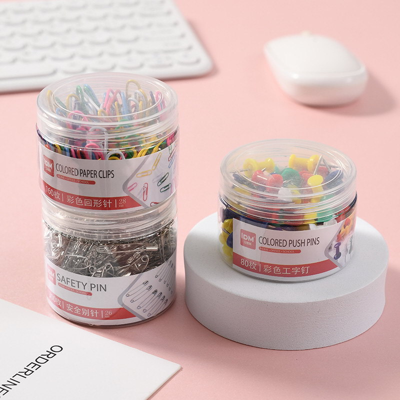 Cross-border four-in-one office combination: Color box of paper clips, thumbtacks, ticket holders, silver bucket of pins and other pins Specification image