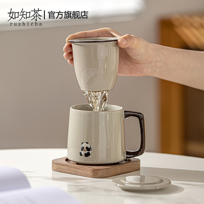 熊猫泡茶杯陶瓷茶水分离过滤带盖办公室水杯子女现代马克杯恒温器详情图3