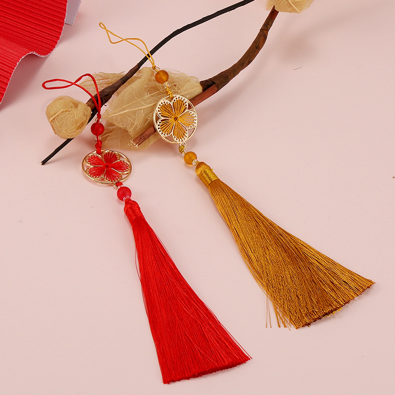14CM long flower and moon round tassel pendant, diy handcrafted Chinese-style ancient costume Hanfu lapel fan pendant Specification image