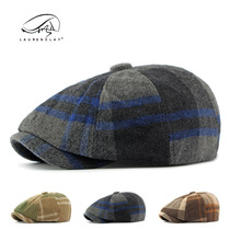 Octagon fall new woolen English vintage plaid beret for women casual newsboy hat for men painter hat