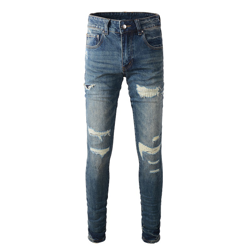 Small-batch custom-made trendy high street men's jeans, men's ripped, aged, randomly stitched and patched, elastic and form-fitting men's pants full figure