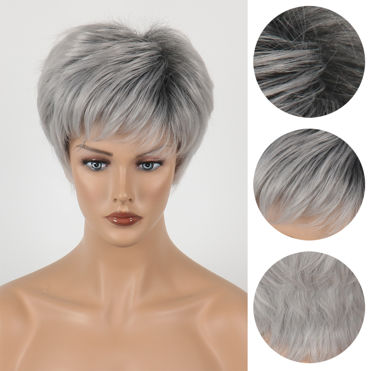 Cross-border for European and American wig women short straight hair silver gray gradient wig head set Amazon explosive short hair Application Scenario