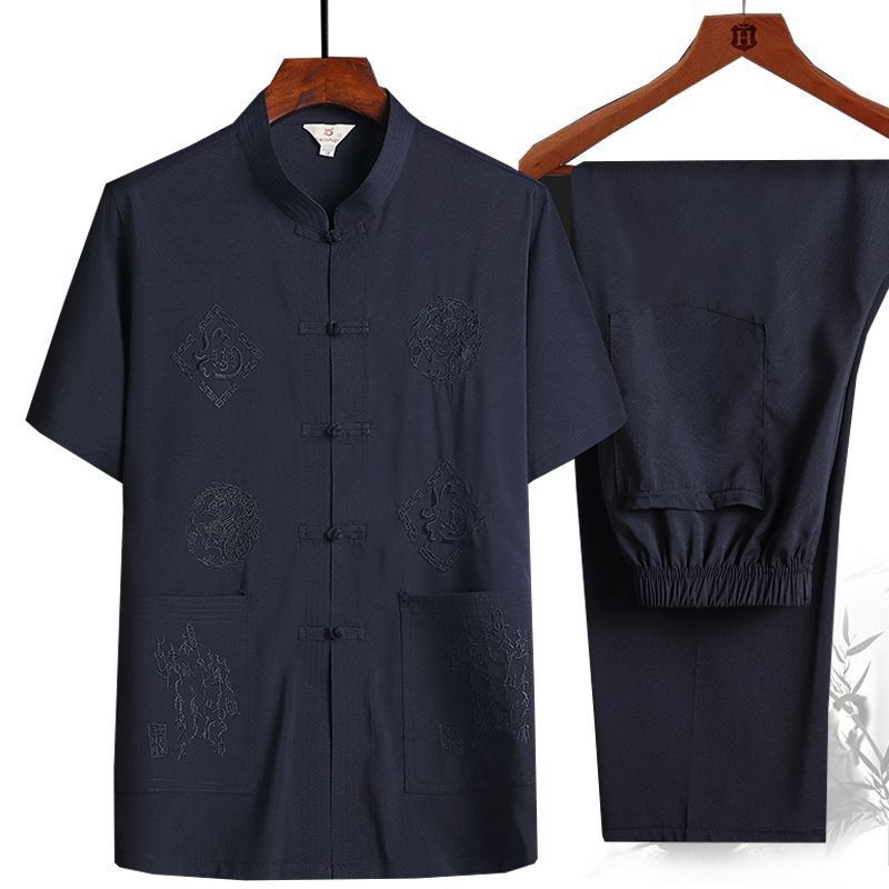 Tang Suit Male Father Summer Short Sleeve Suit Elderly Men Grandpa Chinese Dish Buckle Hanfu Male Large Size Shirt details Picture